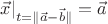 $\vec x|_{t=\|\vec a-\vec b\|}=\vec a$