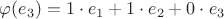 $\varphi (e_3)=  1 \cdot e_1 + 1\cdot e_2 + 0\cdot e_3$