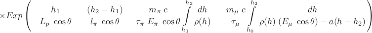 $$ 
\times Exp \left(
-\frac{h_1}{L_p\;\cos\theta}\;
-\frac{(h_2-h_1)}{l_\pi\;\cos\theta}
-\frac{m_\pi\;c}{\tau_\pi\; E_\pi\; \cos\theta}  \int\limits_{h_1}^{h_2}\frac{dh}{\rho(h)}\;
-\frac{m_\mu\;c}{\tau_\mu}  \int\limits_{h_0}^{h_2}\frac{dh}{\rho(h)\;(E_\mu\; \cos\theta)-a(h-h_2)}
\right)
$$