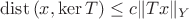 $\mathrm{dist}\,(x,\ker T)\le c\|Tx\|_Y$