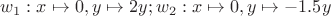 $w_1: x\mapsto 0, y\mapsto 2y; w_2: x\mapsto 0, y\mapsto -1.5y$