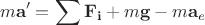 $$m\mathbf{a}'=\sum \mathbf{F_i}+m\mathbf{g}-m\mathbf{a}_e$$