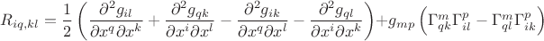 $R_{iq,kl}=\dfrac{1}{2}\left(\dfrac{\partial^{2}g_{il}}{\partial x^{q}\partial x^{k}}+\dfrac{\partial^{2}g_{qk}}{\partial x^{i}\partial x^{l}}-\dfrac{\partial^{2}g_{ik}}{\partial x^{q}\partial x^{l}}-\dfrac{\partial^{2}g_{ql}}{\partial x^{i}\partial x^{k}}\right)+g_{mp}\left(\Gamma_{qk}^{m}\Gamma_{il}^{p}-\Gamma_{ql}^{m}\Gamma_{ik}^{p}\right) $