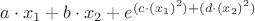 $a\cdot x_1+b\cdot x_2+e^{(c\cdot(x_1)^{2})+(d\cdot(x_2)^{2})}$