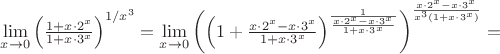 $\lim\limits_{x\to 0}\left(\frac{1+x\cdot2^x}{1+x\cdot3^x}\right)^{1/x^3}=\lim\limits_{x\to 0}\left(\left(1+\frac{x\cdot2^x-x\cdot3^x}{1+x\cdot3^x}\right)^{\frac{1}{\frac{x\cdot2^x-x\cdot3^x}{1+x\cdot3^x}}}\right)^{\frac{x\cdot2^x-x\cdot3^x}{x^3(1+x\cdot3^x)}}=$
