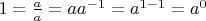 $1=\frac{a}{a} =aa^{-1}=a^{1-1}=a^0$