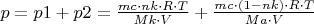 $p=p1+p2=\frac{mc \cdot nk \cdot R \cdot T}{Mk \cdot V}+\frac{mc \cdot (1-nk) \cdot R \cdot T}{Ma \cdot V}$