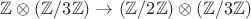 $\mathbb Z \otimes (\mathbb Z/3\mathbb Z) \to (\mathbb Z / 2 \mathbb Z) \otimes (\mathbb Z / 3 \mathbb Z)$