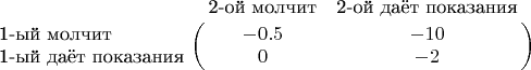 $\bordermatrix{
& \text{2-ой молчит} & \text{2-ой даёт показания} \cr
\text{1-ый молчит} & -0.5 & -10 \cr
\text{1-ый даёт показания} & 0 & -2 \cr
}$
