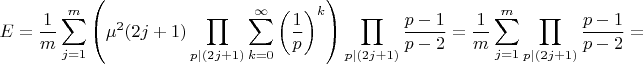 $$E=\frac {1} {m}\sum_{j=1}^{m} \left (\mu^2(2j+1) \prod _{p \mid(2j+1)} \sum_{k=0}^{\infty}\left(\dfrac{1}{p}\right)^k\right )\prod _{p \mid(2j+1)} \frac{p-1}{p-2}=\frac {1} {m}\sum_{j=1}^{m}\prod _{p \mid(2j+1)} \frac{p-1}{p-2}=$$