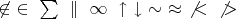 $\not\in \ \in \ \sum \ \parallel \ \infty \ \uparrow \ \downarrow \ \sim \ \approx \ \not{<} \ \not{>}$
