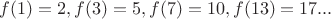 $f(1)=2, f(3)=5, f(7)=10, f(13)=17...$