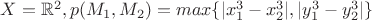$X=\mathbb R^2, p(M_1,M_2)=max\{| x_1^3-x_2^3|,| y_1^3-y_2^3|\}$