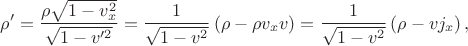 $$\rho'=\frac{\rho\sqrt{1-v_x^2}}{\sqrt{1-v'^2}}=\frac{1}{\sqrt{1-v^2}}\,(\rho-\rho v_xv)=\frac{1}{\sqrt{1-v^2}}\,(\rho-vj_x)\,,$$