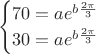 $$\begin{cases}  
70=ae^{b\frac{2\pi}{3}} \\
30=ae^{b\frac{2\pi}{3}}\end{cases}}$$