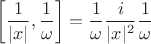 $$\left[\frac{1}{|x|},\dfrac{1}{\omega}\right]=\dfrac{1}{\omega}\frac{i}{|x|^2}\dfrac{1}{\omega}$$