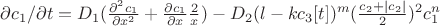 {\partial c_1} /{\partial t} = D_1 (\frac {\partial ^2 c_1} {\partial x^2} + \frac  {\partial  c_1} {\partial x} \frac 2 x) - D_2 (l-k c_3[t])^m  ( \frac {c_2+|c_2|} {2} )^2 c_1^n