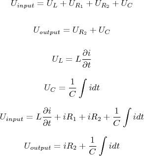 $$ U_{input} = U_L + U_{R_1} + U_{R_2} + U_C $$

$$ U_{output} = U_{R_2} + U_C $$

$$ U_L = L \frac{\partial i}{\partial t} $$

$$ U_C = \frac{1}{C} \int idt $$

$$ U_{input} = L \frac{\partial i}{\partial t} + iR_1 + iR_2 + \frac{1}{C} \int idt $$

$$ U_{output} = iR_2 + \frac{1}{C} \int idt $$