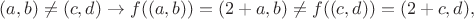 $(a, b)\ne (c, d)\to f((a, b))=(2+a, b)\ne f((c, d))=(2+c, d),$