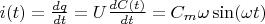 $i(t)=\frac {dq}{dt}=U\frac {dC(t)}{dt}=C_m\omega \sin(\omega t)$