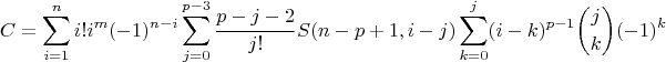 $$C=\sum\limits_{i=1}^{n} i!i^m (-1)^{n-i} \sum\limits_{j=0}^{p-3} \frac{p-j-2}{j!}S(n-p+1,i-j)\sum\limits_{k=0}^{j} (i-k)^{p-1}\binom{j}{k}(-1)^k$$
