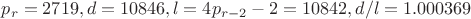 $p_r=2719, d=10846, l=4p_{r-2}-2=10842, d/l=1.000369$