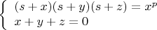 $$
\left\{\begin{array}{ll}
(s+x)(s+y)(s+z)=x^p\\
x+y+z=0
\end{array}
\right.
$$