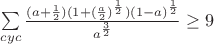 $\sum\limits_{cyc}\frac{(a+\frac{1}{2})(1+(\frac{a}{2})^{\frac{1}{2}})(1-a)^\frac{1}{2}}{a^{\frac{3}{2}}}\geq 9$