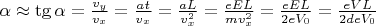 $\alpha   \approx  \tg \alpha = \frac{v_y}{v_x} = \frac{at}{v_x} = \frac{aL}{v_x^2} =  \frac{eEL}{mv_x^2}  =  \frac{eEL}{2eV_0} =  \frac{eVL}{2deV_0} $