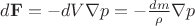 $d\mathbf{F} = - dV \nabla p = - \frac{dm}{\rho} \nabla p$