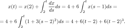 $$\gathered 
x(t) = x(2) + \int_2^t \frac{dx}{ds} ds = 4 + 6\int_2^t x(s-1) ds =\\
=4 + 6\int_2^t (1+3(s-2)^2) ds = 4+6(t-2)+6(t-2)^3.
\endgathered
$$