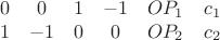 $$ \begin{array}{cccccc}
0 & 0 & 1 & -1 & OP_1 & c_1 \\
1 & -1 & 0 & 0 & OP_2 & c_2
\end{array} $$ $$ \begin{array}{cccccc}
0 & 0 & 1 & -1 & OP_1 & c_1 \\
1 & -1 & 0 & 0 & OP_2 & c_2
\end{array} $$