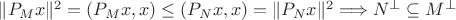 $\|P_Mx\|^2=(P_Mx,x)\le (P_Nx,x)=\|P_Nx\|^2\Longrightarrow N^\perp\subseteq M^\perp$