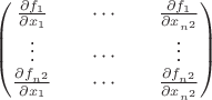 $\begin{pmatrix} \frac{\partial f_1}{\partial x_1} && \cdots && \frac{\partial f_1}{\partial x_{n^2}}\\ \vdots && \cdots && \vdots\\ \frac{\partial f_{n^2}}{\partial x_1} && \cdots && \frac{\partial f_{n^2}}{\partial x_{n^2}}\end{pmatrix}$