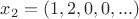 $x_2=(1,2,0,0,...)$