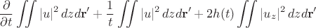 $$
\frac{\partial}{\partial t} \iint |u|^2\,dzd\mathbf{r'} + \frac{1}{t} \iint |u|^2\,dzd\mathbf{r'} + 2h(t) \iint |u_z|^2\,dzd\mathbf{r'}
$$
