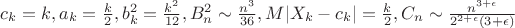 $c_k=k, a_k=\frac{k}{2}, b_k^2=\frac{k^2}{12}, B_n^2\sim\frac{n^3}{36}, M|X_k-c_k|=\frac{k}{2}, C_n\sim\frac{n^{3+\epsilon}}{2^{2+\epsilon}(3+\epsilon)}$