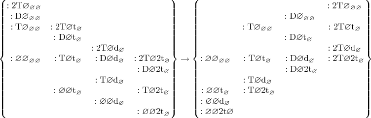 $\left\{
\begin{matrix}
\mathrm{:2T}\varnothing_\varnothing_\varnothing&                                                                             &    &     \\
~\mathrm{:D}\varnothing_\varnothing_\varnothing &                                                                              &    &     \\
~\mathrm{:T}\varnothing_\varnothing_\varnothing  &\mathrm{:2T}\varnothing\mathrm{t}_\varnothing&     &    \\
                                                                              &~\mathrm{:D}\varnothing\mathrm{t}_\varnothing  &    &     \\
                                                                              &                                                    &\mathrm{:2T}\varnothing\mathrm{d}_\varnothing&     \\
~:\varnothing\varnothing_\varnothing_\varnothing    &~\mathrm{:T}\varnothing\mathrm{t}_\varnothing   &~\mathrm{:D}\varnothing\mathrm{d}_\varnothing&\mathrm{:2T}\varnothing\mathrm{2t}_\varnothing\\
                                                                              &                                                                        &                                          &~\mathrm{:D}\varnothing\mathrm{2t}_\varnothing\\
                                                                              &                                                                         &~\mathrm{:T}\varnothing\mathrm{d}_\varnothing&     \\
                                                                              &~:\varnothing\varnothing\mathrm{t}_\varnothing     &                                          &~\mathrm{:T}\varnothing\mathrm{2t}_\varnothing\\
                                                                              &                                                                           &~:\varnothing\varnothing\mathrm{d}_\varnothing&     \\
                                                                              &                                          &                                          &~:\varnothing\varnothing\mathrm{2t}_\varnothing
\end{matrix}
\right\}\to\left\{
\begin{matrix}
    &   &    &\mathrm{:2T}\varnothing_\varnothing_\varnothing~\\
&&\mathrm{:D}\varnothing_\varnothing_\varnothing~&     \\
&\mathrm{:T}\varnothing_\varnothing_\varnothing~ & &\mathrm{:2T}\varnothing\mathrm{t}_\varnothing~\\
                                                                              &   &\mathrm{:D}\varnothing\mathrm{t}_\varnothing~~&     \\
  &                                                    &   &\mathrm{:2T}\varnothing\mathrm{d}_\varnothing~ \\
:\varnothing\varnothing_\varnothing_\varnothing~&\mathrm{:T}\varnothing\mathrm{t}_\varnothing~   &\mathrm{:D}\varnothing\mathrm{d}_\varnothing~&\mathrm{:2T}\varnothing\mathrm{2t}_\varnothing\\
    &  &\mathrm{:D}\varnothing\mathrm{2t}_\varnothing                                          &\\
   &\mathrm{:T}\varnothing\mathrm{d}_\varnothing~                                                                         &&     \\
:\varnothing\varnothing\mathrm{t}_\varnothing~&\mathrm{:T}\varnothing\mathrm{2t}_\varnothing     &     &\\
:\varnothing\varnothing\mathrm{d}_\varnothing~&  &  &     \\
:\varnothing\varnothing\mathrm{2t}\varnothing&  &                                          &
\end{matrix}
\right\}$