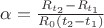 $\alpha =\frac{R_{t_{2}}-R_{t_{1}}}{R_{0}(t_{2}-t_{1})}$