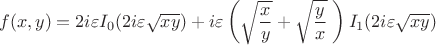 $$
f(x,y)=2 i \varepsilon I_0(2i \varepsilon \sqrt{xy})+i \varepsilon\left(\sqrt{\frac{x}{y}}+\sqrt{\frac{y}{x}}\;\right)I_1(2i \varepsilon \sqrt{xy})
$$