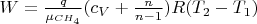 $W= \frac{q}{\mu_{CH_4}} (c_V+ \frac{n}{n-1}) R (T_2-T_1) $
