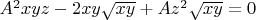 $A^2xyz-2xy\sqrt{xy}+Az^2\sqrt{xy}=0$