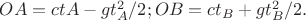 $OA = ctA - gt^2_A/2;   OB = ct_B + gt^2_B/2. $