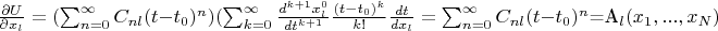 $\frac{\partial U}{\partial x_l}=(\sum_{n=0}^{\infty}C_{nl}(t-t_0)^n)(\sum_{k=0}^{\infty}\frac{d^{k+1} x_l^0}{dt^{k+1}}\frac{(t-t_0)^k}{k!}\frac{dt}{dx_l}=\sum_{n=0}^{\infty}C_{nl}(t-t_0)^n$=A_l(x_1,...,x_N)
