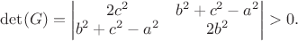 $\det(G)=\begin{vmatrix}
2c^2 & b^2+c^2-a^2 \\
b^2+c^2-a^2 & 2b^2 \\
\end{vmatrix}>0.$