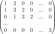 $$$\begin {pmatrix}
1&2&0&0&...&0\\
1&3&2&0&...&0\\
0&1&3&2&...&0\\
...&\\
0&0&0&0&...&3\end {pmatrix}$$
$