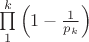 $\prod\limits_1^k \left(1-{1\over p_k} \right)$