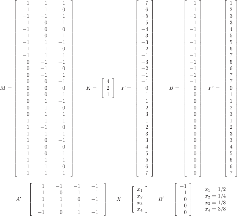 \[
\begin{array}{c}
 M = \left[ {\begin{array}{*{20}c}
   \begin{array}{r}
 {\rm{ - 1}} \\ 
 {\rm{ - 1}} \\ 
 {\rm{ - 1}} \\ 
 {\rm{ - 1}} \\ 
 {\rm{ - 1}} \\ 
 {\rm{ - 1}} \\ 
 {\rm{ - 1}} \\ 
 {\rm{ - 1}} \\ 
 {\rm{ - 1}} \\ 
 {\rm{0}} \\ 
 {\rm{0}} \\ 
 {\rm{0}} \\ 
 {\rm{0}} \\ 
 {\rm{0}} \\ 
 {\rm{0}} \\ 
 {\rm{0}} \\ 
 {\rm{0}} \\ 
 {\rm{0}} \\ 
 {\rm{1}} \\ 
 {\rm{1}} \\ 
 {\rm{1}} \\ 
 {\rm{1}} \\ 
 {\rm{1}} \\ 
 {\rm{1}} \\ 
 {\rm{1}} \\ 
 {\rm{1}} \\ 
 {\rm{1}} \\ 
 \end{array} & \begin{array}{r}
 {\rm{ - 1}} \\ 
 {\rm{ - 1}} \\ 
 {\rm{ - 1}} \\ 
 {\rm{0}} \\ 
 {\rm{0}} \\ 
 {\rm{0}} \\ 
 {\rm{1}} \\ 
 {\rm{1}} \\ 
 {\rm{1}} \\ 
 {\rm{ - 1}} \\ 
 {\rm{ - 1}} \\ 
 {\rm{ - 1}} \\ 
 {\rm{0}} \\ 
 {\rm{0}} \\ 
 {\rm{0}} \\ 
 {\rm{1}} \\ 
 {\rm{1}} \\ 
 {\rm{1}} \\ 
 {\rm{ - 1}} \\ 
 {\rm{ - 1}} \\ 
 {\rm{ - 1}} \\ 
 {\rm{0}} \\ 
 {\rm{0}} \\ 
 {\rm{0}} \\ 
 {\rm{1}} \\ 
 {\rm{1}} \\ 
 {\rm{1}} \\ 
 \end{array} & \begin{array}{r}
 {\rm{ - 1}} \\ 
 {\rm{ 0}} \\ 
 {\rm{1}} \\ 
 {\rm{ - 1}} \\ 
 {\rm{ 0}} \\ 
 {\rm{1}} \\ 
 {\rm{ - 1}} \\ 
 {\rm{ 0}} \\ 
 {\rm{1}} \\ 
 {\rm{ - 1}} \\ 
 {\rm{ 0}} \\ 
 {\rm{1}} \\ 
 {\rm{ - 1}} \\ 
 {\rm{0}} \\ 
 {\rm{1}} \\ 
 {\rm{ - 1}} \\ 
 {\rm{0}} \\ 
 {\rm{1}} \\ 
 {\rm{ - 1}} \\ 
 {\rm{0}} \\ 
 {\rm{1}} \\ 
 {\rm{ - 1}} \\ 
 {\rm{0}} \\ 
 {\rm{1}} \\ 
 {\rm{ - 1}} \\ 
 {\rm{0}} \\ 
 {\rm{1}} \\ 
 \end{array}  \\
\end{array}} \right]\begin{array}{*{20}c}
   {\begin{array}{*{20}c}
   {} & {K = }  \\
\end{array}\left[ \begin{array}{r}
 4 \\ 
 2 \\ 
 1 \\ 
 \end{array} \right]} & {F = }  \\
\end{array}\left[ \begin{array}{r}
 {\rm{ - 7}} \\ 
 {\rm{ - 6}} \\ 
 {\rm{ - 5}} \\ 
 {\rm{ - 5}} \\ 
 {\rm{ - 4}} \\ 
 {\rm{ - 3}} \\ 
 {\rm{ - 3}} \\ 
 {\rm{ - 2}} \\ 
 {\rm{ - 1}} \\ 
 {\rm{ - 3}} \\ 
 {\rm{ - 2}} \\ 
 {\rm{ - 1}} \\ 
 {\rm{ - 1}} \\ 
 {\rm{ 0}} \\ 
 {\rm{ 1}} \\ 
 {\rm{ 1}} \\ 
 {\rm{ 2}} \\ 
 {\rm{ 3}} \\ 
 {\rm{ 1}} \\ 
 {\rm{ 2}} \\ 
 {\rm{ 3}} \\ 
 {\rm{ 3}} \\ 
 {\rm{ 4}} \\ 
 {\rm{ 5}} \\ 
 {\rm{ 5}} \\ 
 {\rm{ 6}} \\ 
 {\rm{ 7}} \\ 
 \end{array} \right]\begin{array}{*{20}c}
   {\begin{array}{*{20}c}
   {\begin{array}{*{20}c}
   {} & {B = }  \\
\end{array}\left[ \begin{array}{r}
 {\rm{ - 1}} \\ 
 {\rm{ - 1}} \\ 
 {\rm{ - 1}} \\ 
 {\rm{ - 1}} \\ 
 {\rm{ - 1}} \\ 
 {\rm{ - 1}} \\ 
 {\rm{ - 1}} \\ 
 {\rm{ - 1}} \\ 
 {\rm{ - 1}} \\ 
 {\rm{ - 1}} \\ 
 {\rm{ - 1}} \\ 
 {\rm{ - 1}} \\ 
 {\rm{ - 1}} \\ 
 {\rm{0}} \\ 
 {\rm{0}} \\ 
 {\rm{0}} \\ 
 {\rm{0}} \\ 
 {\rm{0}} \\ 
 {\rm{0}} \\ 
 {\rm{0}} \\ 
 {\rm{0}} \\ 
 {\rm{0}} \\ 
 {\rm{0}} \\ 
 {\rm{0}} \\ 
 {\rm{0}} \\ 
 {\rm{0}} \\ 
 {\rm{0}} \\ 
 \end{array} \right]} & {F' = }  \\
\end{array}\left[ \begin{array}{l}
 {\rm{ 1}} \\ 
 {\rm{ 2}} \\ 
 {\rm{ 3}} \\ 
 {\rm{ 3}} \\ 
 {\rm{ 4}} \\ 
 {\rm{ 5}} \\ 
 {\rm{ 5}} \\ 
 {\rm{ 6}} \\ 
 {\rm{ 7}} \\ 
 {\rm{ 5}} \\ 
 {\rm{ 6}} \\ 
 {\rm{ 7}} \\ 
 {\rm{ 7}} \\ 
 {\rm{ 0}} \\ 
 {\rm{ 1}} \\ 
 {\rm{ 1}} \\ 
 {\rm{ 2}} \\ 
 {\rm{ 3}} \\ 
 {\rm{ 1}} \\ 
 {\rm{ 2}} \\ 
 {\rm{ 3}} \\ 
 {\rm{ 3}} \\ 
 {\rm{ 4}} \\ 
 {\rm{ 5}} \\ 
 {\rm{ 5}} \\ 
 {\rm{ 6}} \\ 
 {\rm{ 7}} \\ 
 \end{array} \right]} & {}  \\
\end{array} \\ 
  \\ 
 A' = \left[ {\begin{array}{*{20}c}
   \begin{array}{r}
 {\rm{1}} \\ 
 {\rm{ - 1}} \\ 
 {\rm{1}} \\ 
 {\rm{1}} \\ 
 {\rm{ - 1}} \\ 
 \end{array} & \begin{array}{r}
 {\rm{ - 1}} \\ 
 {\rm{0}} \\ 
 {\rm{1}} \\ 
 {\rm{ - 1}} \\ 
 {\rm{0}} \\ 
 \end{array} & \begin{array}{r}
 {\rm{ - 1}} \\ 
 {\rm{ - 1}} \\ 
 0 \\ 
 1 \\ 
 1 \\ 
 \end{array} & \begin{array}{r}
 {\rm{ - 1}} \\ 
 {\rm{ - 1}} \\ 
 {\rm{ - 1}} \\ 
 {\rm{ - 1}} \\ 
 {\rm{ - 1}} \\ 
 \end{array}  \\
\end{array}} \right]\begin{array}{*{20}c}
   {} & {X = }  \\
\end{array}\left[ \begin{array}{r}
 x_1  \\ 
 x_2  \\ 
 x_3  \\ 
 x_4  \\ 
 \end{array} \right]\begin{array}{*{20}c}
   {} & {B' = }  \\
\end{array}\left[ \begin{array}{r}
 {\rm{ - 1}} \\ 
 {\rm{ - 1}} \\ 
 {\rm{0}} \\ 
 {\rm{0}} \\ 
 {\rm{0}} \\ 
 \end{array} \right]\begin{array}{*{20}c}
   {} & \begin{array}{c}
 x_1  = {1 \mathord{\left/
 {\vphantom {1 2}} \right.
 \kern-\nulldelimiterspace} 2} \\ 
 x_2  = {1 \mathord{\left/
 {\vphantom {1 4}} \right.
 \kern-\nulldelimiterspace} 4} \\ 
 x_3  = {1 \mathord{\left/
 {\vphantom {1 8}} \right.
 \kern-\nulldelimiterspace} 8} \\ 
 x_4  = {3 \mathord{\left/
 {\vphantom {3 8}} \right.
 \kern-\nulldelimiterspace} 8} \\ 
 \end{array}  \\
\end{array} \\ 
 \end{array}
\]