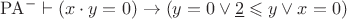 $\mathrm{PA}^- \vdash (x \cdot y = 0) \rightarrow (y=0 \vee \underline{2} \leqslant y \vee x=0)$