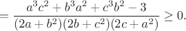 $$=\frac{a^3c^2+b^3a^2+c^3b^2-3}{(2a+b^2)(2b+c^2)(2c+a^2)}\ge0.$$